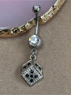 CLEAR GEM LUCKY DICE DANGLE BELLY BUTTON RING NAVEL RING PIERCING NEW 14 GAUGE